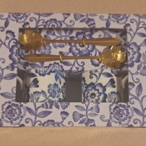 Floral Blue and White Tea Set with Gold Spoons